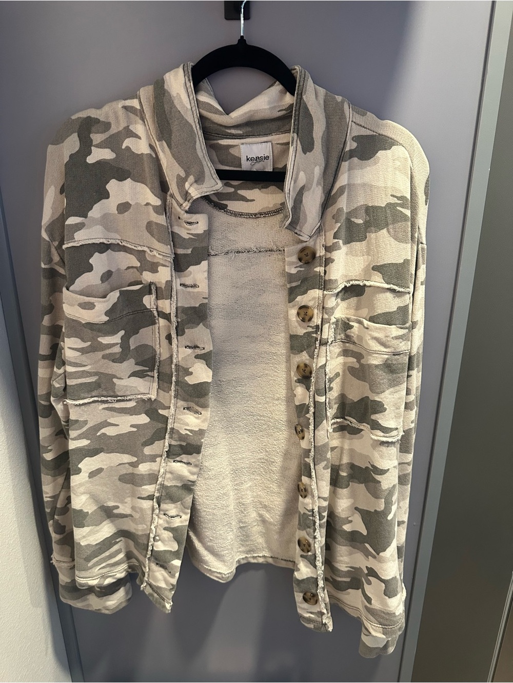 Kensie Camouflage Button-Up Jacket in Beige and Olive